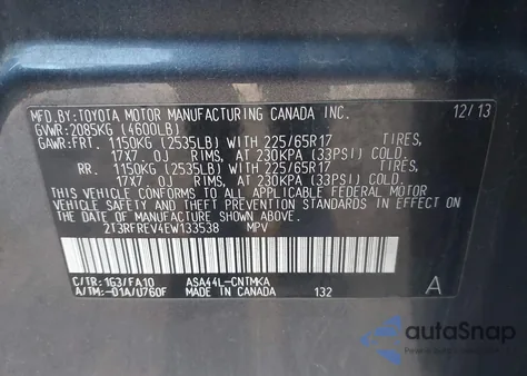 2014 Toyota Rav4 Xle from USA, damaged, VIN 2T3RFREV4EW133538